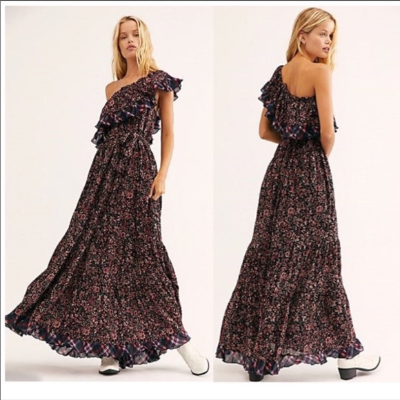 Free People Dresses & Skirts - Free People What About Love Floral Plaid Ruffle One Shoulder Maxi Dress